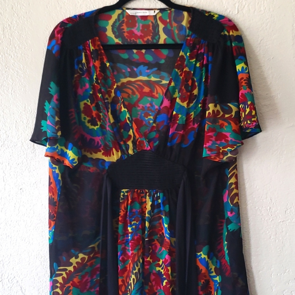 ZARA RED PINK BLACK  YELLOW  MULTICOLOR FLORAL PATTERNED KIMONO BLOUSE..SIZE S‎ - Picture 5 of 6